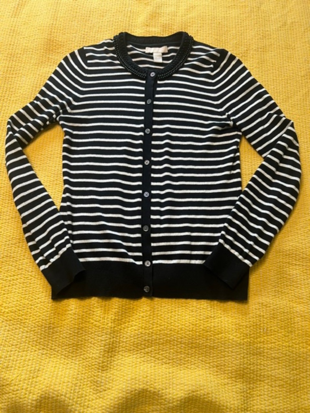 Vintage Banana Republic Black White Striped W/ Beaded Accent Cardigan